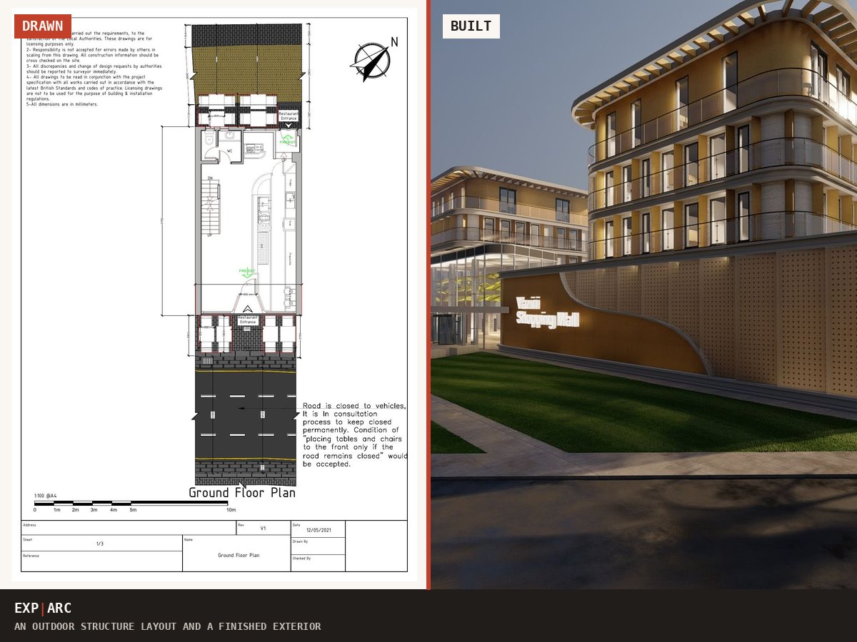 Outdoor structure layout and finished exterior